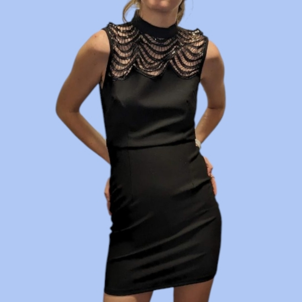 EUC Windsor Black Fitted Mini Dress Mesh Sequin Detail Size Small